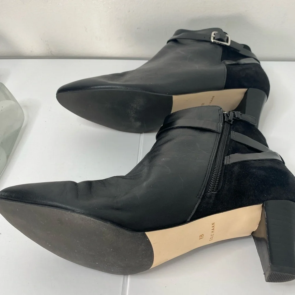 Cole Haan Sylvan Black Leather Suede Ankle Booties w Buckled Belt Hardware